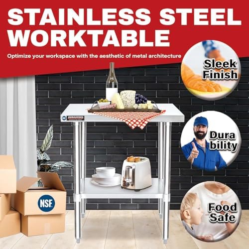 DuraSteel 30x30 Stainless Steel Work Table - NSF Commercial Prep Metal Table - Outdoor Pizza Oven Stand w/Under Shelf - Kitchen Island Laundry Utility Garage Microwave Stand Large Rolling Storage Cart - Image 4