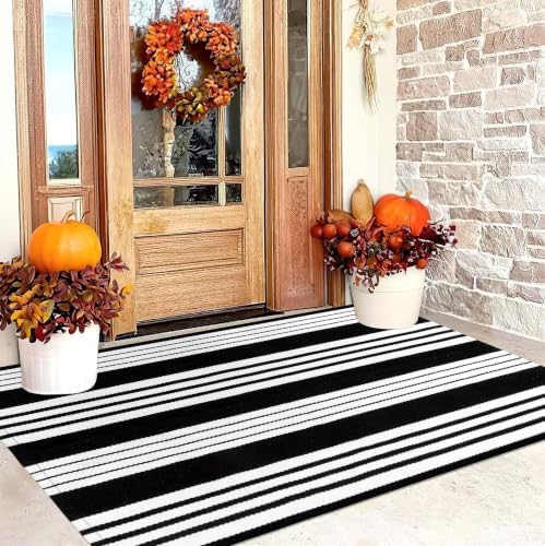 Black and White Outdoor Rug 3'x 5',Striped Farmhouse Front Porch Mat - Image 6