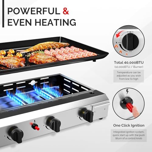 ROVSUN 4 Burner Portable Propane Griddle with Nonstick Enameled Tray, 40000 BTU Rolling Flat Top Gas Grill with Electronic Ignition, Side Shelves & Regulator for Outdoor Cooking Camping BBQ Tailgating - Image 3