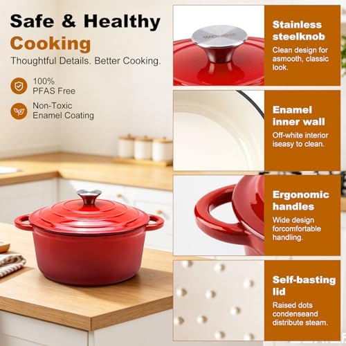 Enameled Cast Iron Round Dutch Oven -4QT Pot With Lid,Red - Image 6