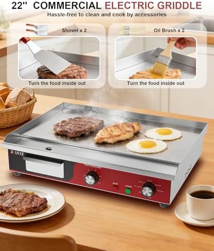 22" Commercial Electric Griddle 1500W, Flat Top Grill with 5-Min Reminder Timer, Adjustable Temp Control (122°F-572°F), Stainless Steel Countertop Griddle for Restaurant & Home Kitchen - Image 2
