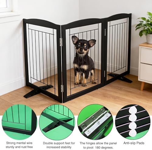 ZJSF Freestanding Dog Fence Indoor, Foldable Dog Gate for Doorways, Stairs or Hallways, Sturdy Wood Extra Wide Pet Gate with Support Feet for The House, Black, 24 "Height-3 Panels - Image 5