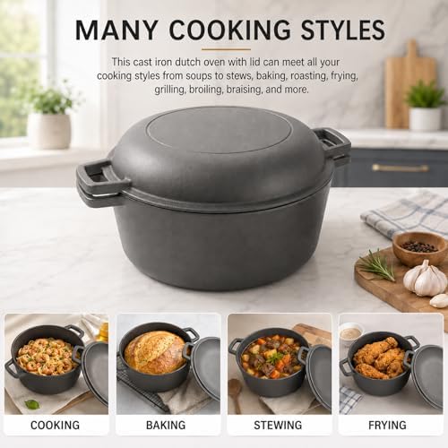 Cast Iron 5 Quart Double Dutch Oven-2-in-1 Pre-Seasoned Pot & Skillet Combo - Image 3