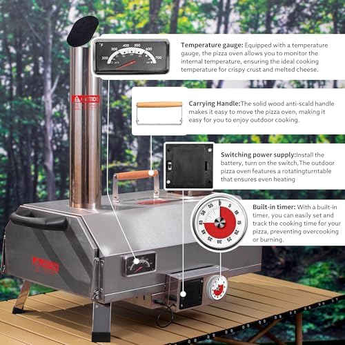 Stainless Steel Pizza Oven Outdoor 12" Automatic Rotatable Pizza Ovens,Portable Wood Fired Pizza Oven Pizza Maker with Timer, Built-in Thermometer,Pizza Cutter & Carry Bag - Image 4