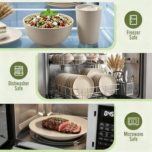 Dinnerware Sets 40 PCS Wheat Straw Plates and Bowls Sets With Cups Service for 8 Microwave Safe Dishes for Kitchen Lightweight Dish Set for RV Outdoor Activities Travel - Beige Colors - Image 6