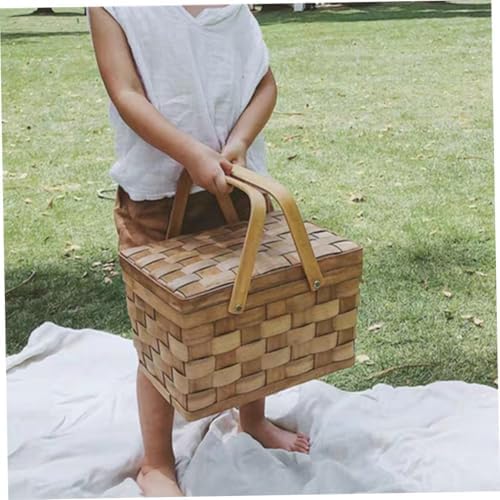 Wood Chip Woven Picnic Basket with Handle, Coffee Color Empty Basket for Fruit and Vegetable Storage, Outdoor Sundries Organizer for Home and Garden Use - Image 4