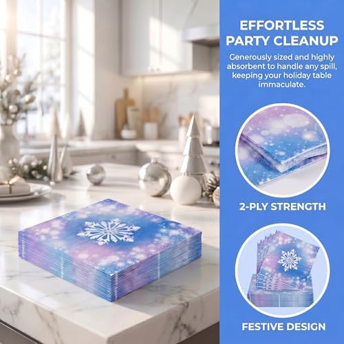 144 Pcs Frozen Tableware Set for 24 Guests, Heavy-Duty 7" & 9" Paper Plates, Cups, 2-Ply 13" Napkins & Plastic Forks, Disposable Winter Snowflake Party Supplies for Christmas Holiday Party - Image 6