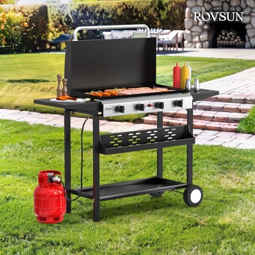ROVSUN 4 Burner Portable Propane Griddle with Electronic Ignition, 40000 BTU Rolling Flat Top Gas Grill with Enameled Tray & Lid, Side Shelves & Regulator for Outdoor Cooking Camping BBQ Tailgating - Image 7