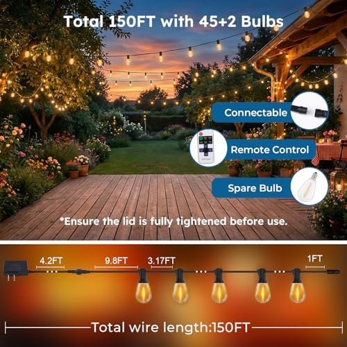 GvvooHome 150FT Outdoor String Light with S11 Plastic Bulbs, Low-Voltage LED Patio Light with App & Remote, Music Sync, 4 Lighting Modes, Dimmable & Waterproof for Backyard, Porch, Garden, Deck, Party - Image 7