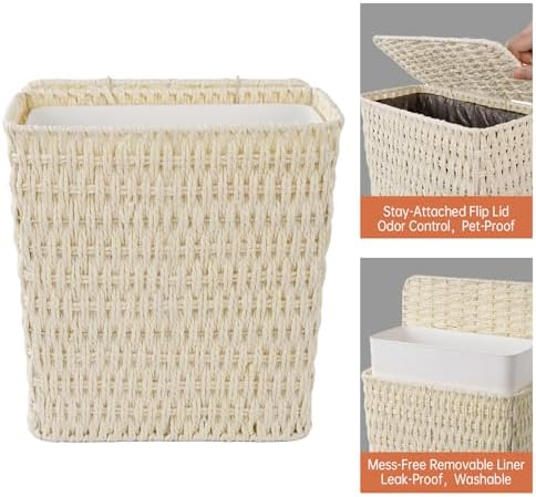 Coeusy 3 Gallon Paper Rope Bathroom Trash Can,Small Wicker Trash Cans with Lid and Liner,Woven Rattan Narrow Waste Basket for Bedroom,Office,White - Image 7