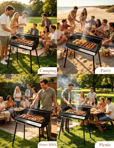 Vertical Folding BBQ Grill, Charcoal Grill with Enameled Charcoal Pan, Chrome-Plated Cooking Grid, High Stand Up Design, Portable Outdoor Barbecue for Camping Backyard Patio 4-8 Persons - Image 5