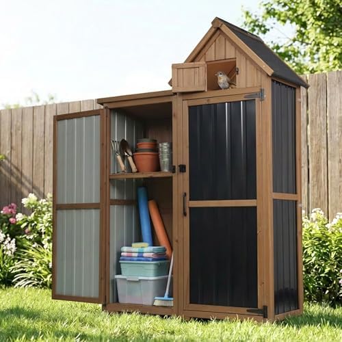 All-in-One Metal & Wood Outdoor Storage Cabinet with Top Compartment, Waterproof Asphalt Roof, Removable Shelves, Heavy-Duty Patio Garage Organizer by MayugardeningPetfurniture