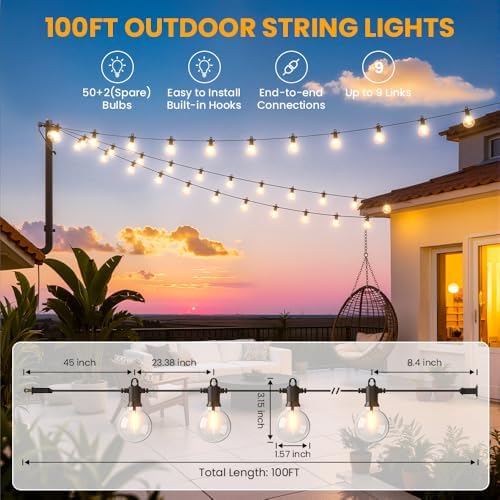 G40 LED Outdoor String Lights, 100FT Waterproof IP65 Hanging Patio Lights - Image 2