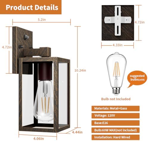 2 Pack Black Brush Gold Dusk to Dawn Exterior Lighting Fixtures Wall Mount, Sensor Outside Front Porch Lights for House, Outdoor Lantern Lamp, Wall Sconce Lights, Coach Light for Garage Entryway - Image 6
