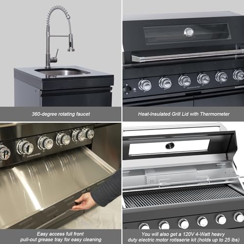 Outdoor Kitchen Island, 82 Inch 85000 BTU Gas Grill Combination With Refrigerator and Sink, Outdoor Stainless Steel Barbecue Bar, Natural Gas Barbecue Grill for Patios, Gardens, Parties - Image 6