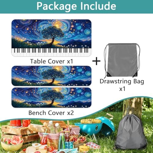 Piano Keyboard Picnic Table Cover with Bench Covers, Camping Essentials, Whirlpool Star Tree Flower Waterproof Windproof, Fitted Tablecloth Cover with Elastic Edge for Outdoor Garden 3 PCS 30x60 Inch - Image 6