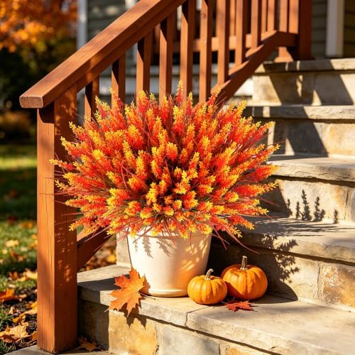 12 Bundles Fall Faux Outdoor Plants, UV Resistant Artificial Fake Lavender with Monkey Grass, Realistic Faux Lavender Greenery Shrubs for Patio Porch Yard Garden Pathway Window Box Fall Home Decor - Image 3