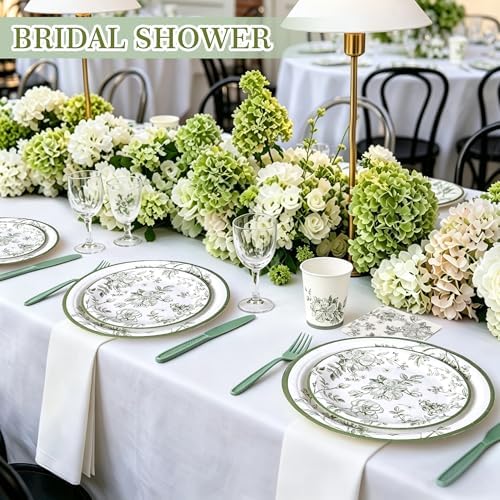 400 Pcs Disposable Sage Green Floral Tableware Set for 50 Guests - Image 2