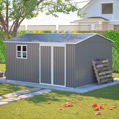 YOPTO 12x10 FT Outdoor Storage Shed,Metal Shed W/Window & Floor Frame,Garden Tool House W/Sloped Roof,Lockable Doors & Air Vents,for Backyard Patio Lawn,Gray - Image 2