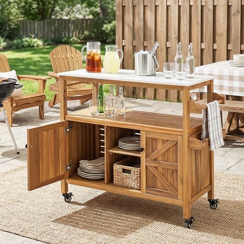 Merax Outdoor Acacia Wood Bar Cart, Natural Finish with Marble-Effect Top by Merax