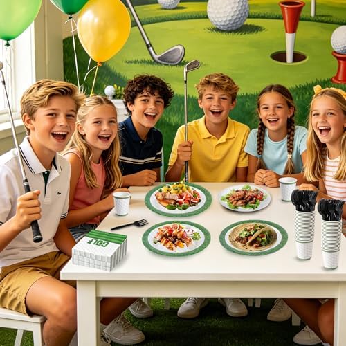 144 Pcs Golf Tableware Set for 24 Guests, Heavy-Duty 7" & 9" Paper Plates, Cups, 2-Ply 13" Napkins & Plastic Forks, Disposable Party Supplies for Game Day and Birthday - Image 4