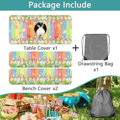 Easter Picnic Table Cover with Bench Covers, Cute Bunny Flower Colorful Wooden Board Camping Tablecloth, Waterproof Windproof, Fitted Tablecloth Cover with Elastic Edge, for Outdoor, 3 PCS, 30x72 Inch - Image 7