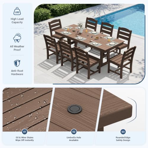 KINGYES Outdoor Dining Table,84'' HDPE Patio Table with Umbrella Hole,Brown - Image 3