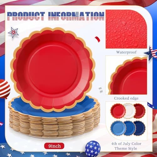 48 Pcs 4th of July Paper Plates 9 Inch Red White and Blue Scalloped Paper Disposable Dinner Dessert Plates for Independence Day 250th Anniversary Party Birthday Wedding Decoration, 6 Colors - Image 4