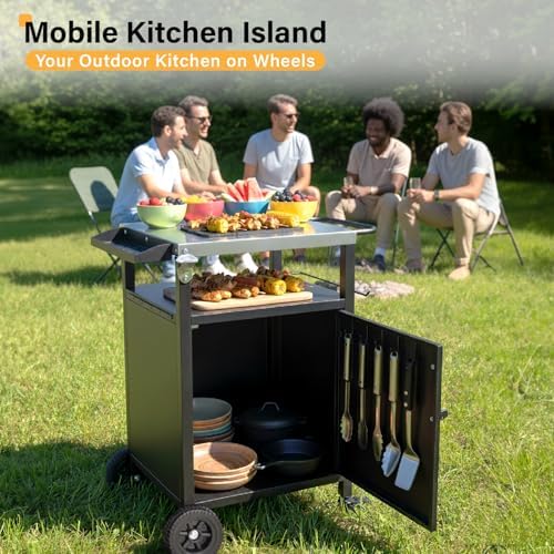 VINGLI Outdoor Grill Table Cart with Cabinet, Stainless Steel Movable Kitchen Island with Large Storage Cabinet, Multifunction Food Prep Table with Bottle Opener and Seasoning Tray, for Patio, Home - Image 7