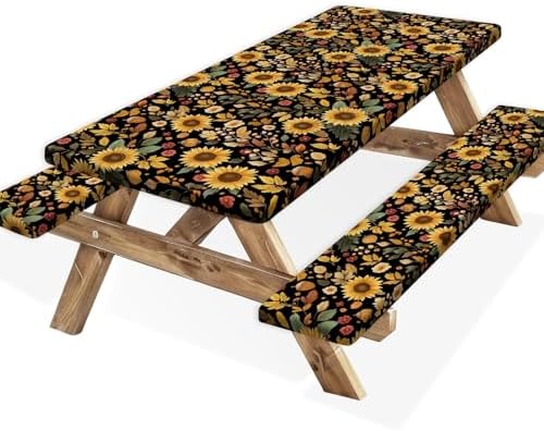 Picnic Table Cover with Bench Covers, Camping Essentials, Sunflower Flower Leaves Waterproof Windproof Patio Table Cover, Fitted Tablecloth Cover with Elastic Edge for Indoor Outdoor 3 PCS 30x60 Inch by Xguatan