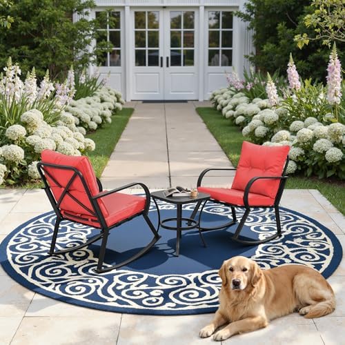 Oakcloud Oakmont Outdoor Furniture 3 Piece Conversation Bistro Set Rocking Chairs and Glass Top Table, Thick Cushions, Black Steel (Red) - Image 7