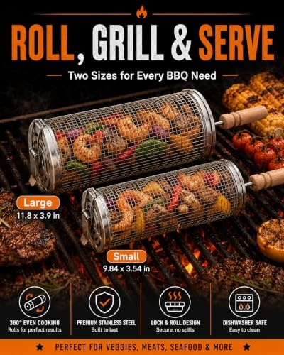 Rolling Grill Basket for Outdoor BBQ, 2-Pack with Secure Snap Lock - Image 4