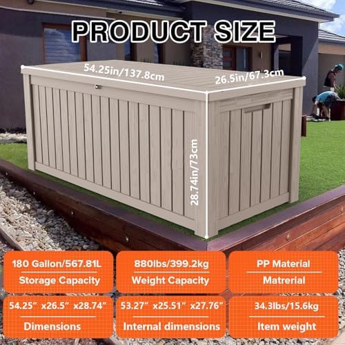 Outdoor Storage Box, 180 Gallon Waterproof Deck Box, Piston-Lift Tall Standing Cabinet for Oversized Cushions, Lockable Deep Tool Organizer Storage Bench, Large Lawn, Grey - Image 3