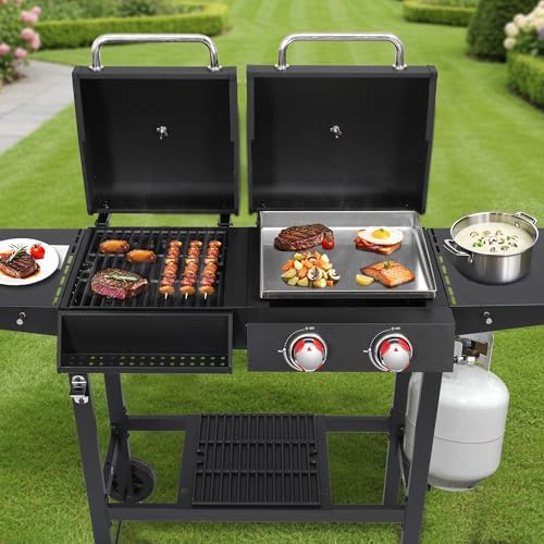 2-Burner Gas & Charcoal Combo Grill with Griddle, Black - Image 2