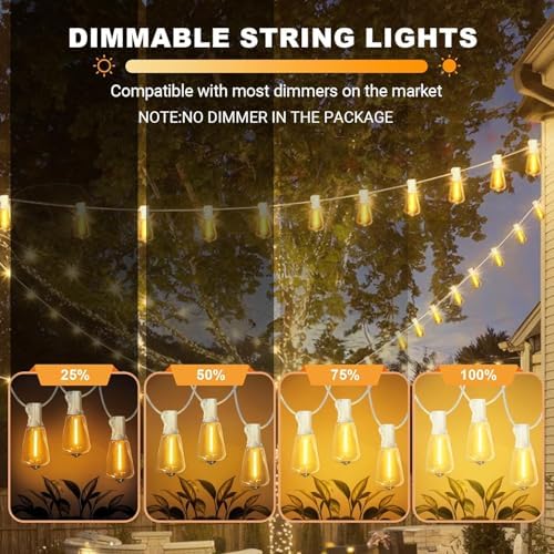 LAMPHOME 2-Pack 26FT Outdoor Patio Lights, 2700K Warm White String Lights，12+1 LED Waterproof Shatterproof Edison Bulbs, Dimmable with Timer for Garden Backyard Yard Hanging Lighting - Image 6