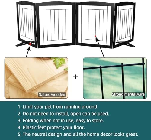 ZJSF Freestanding Dog Fence Indoor, Foldable Dog Gate for Doorways, Stairs or Hallways, Sturdy Wood Extra Wide Pet Gate with Support Feet for The House, Black, 24 "Height-4 Panels - Image 6