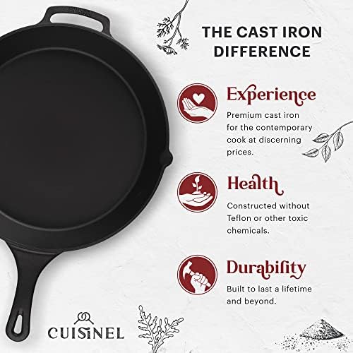 Cuisinel 15" Cast Iron Skillet + Glass Lid Cover + Pan Scraper + Heat-Resistant Silicone Handle Grip - Pre-seasoned Oven-Safe Kitchen Cookware - Indoor/Outdoor - Camping, Grilling, BBQ, Oven Safe - Image 2