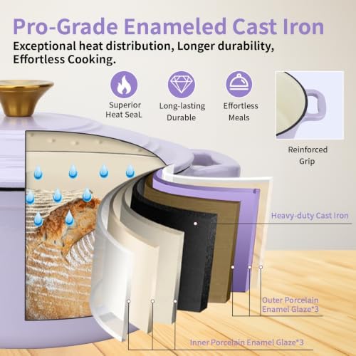 Enameled Cast Iron Dutch Oven with Lid&Silicone Grip, Round Casserole Pot for Bread Baking, Braising, Roasting,Stews,Heavy-Duty Baking Pan,Oven Safe, Induction Compatible (4.7QT,Purple) - Image 3
