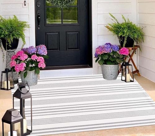 3'x 5'Outdoor Rug,Grey and White Striped Front Porch Mat Indoor Area Rug - Image 6