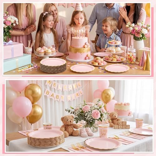 NatNarr 30 Pk Pink Gold Plates 9" Disposable Scalloped Pink Paper Plates - Image 5