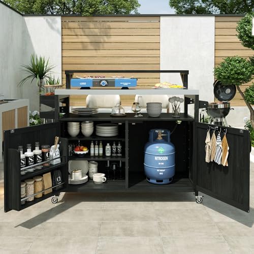 53.3" Outdoor Kitchen Island with Raised Shelf and Stainless Top, Black - Image 4