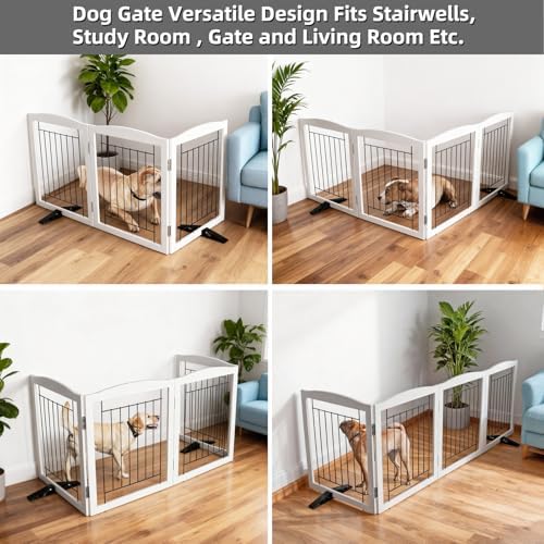 ZJSF Freestanding Dog Fence Indoor, Foldable Dog Gate for Doorways, Stairs or Hallways, Sturdy Wood Extra Wide Pet Gate with Support Feet for The House, White, 32 "Height-3 Panels - Image 4