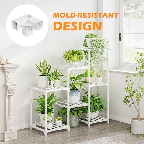 Bamworld Indoor Plant Stand Outdoor White Shelf Bamboo Plant Table for Multiple Plants 3 Tiers 7 Pots Ladder Holder Pot Window Garden Balcony Living Room - Image 4