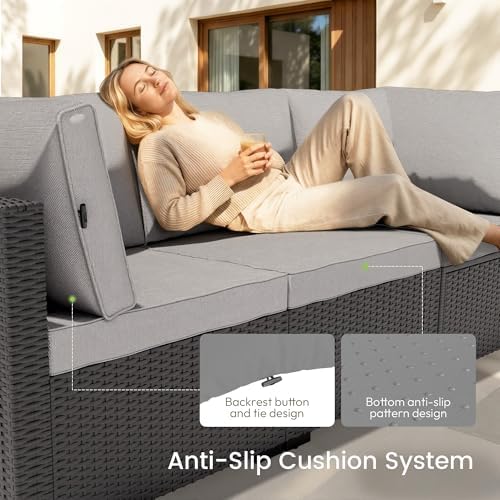 Patio Furniture Set - All-Weather - 7 Piece Patio Outdoor Conversation Set, Modular Wicker Rattan Sectional Sofa for Backyard, Garden, Poolside, Balcony, Porch, Patio,Black/Light Gray - Image 2
