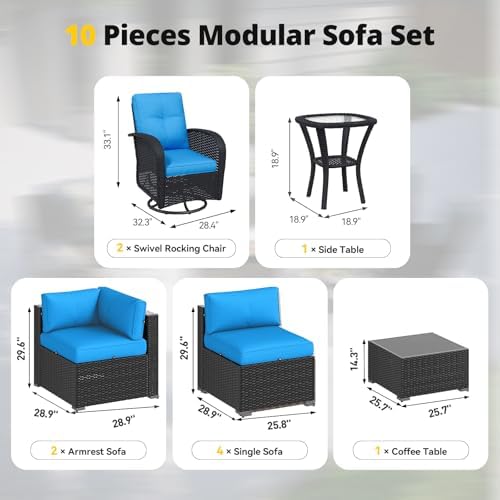 Aoxun Patio Furniture Set with Swivel Rocker Chairs, 10 Piece Outdoor Sectional Sofas, Wicker Rattan Outdoor Furniture with Thickened Cushion for Backyard, Garden Peacock Blue - Image 2