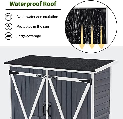 MCombo Outdoor Storage Cabinet with Shelves, Wood Garden Shed with Floor, Outside Tool Shed with 2 Lockable Doors for Backyard Patio Lawn, 1400 (Gray) - Image 6