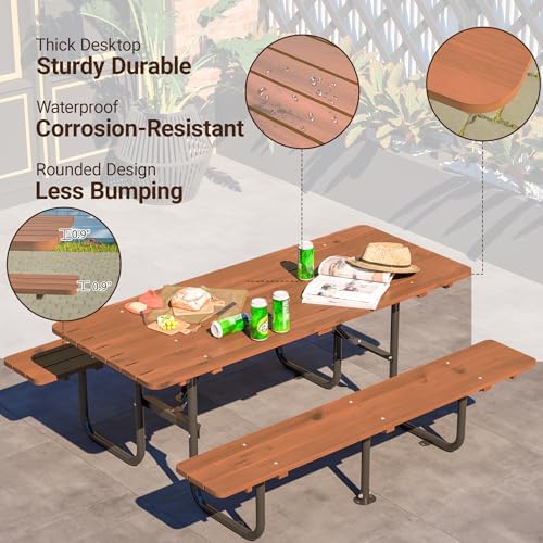 72'' Rectangular Outdoor Dining Table Wooden Patio Dining Table & 2 Built-in Bench for 8, 2" Umbrella Hole & Metal Base, Suitable for Picnic Backyard Garden Porch, Brown - Image 4