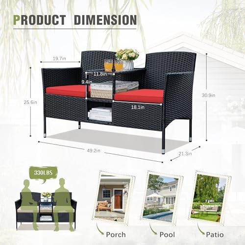 Greesum Patio Loveseat Outdoor Wicker Furniture Conversation Set,Red - Image 7