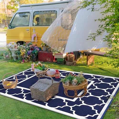 GENIMO Outdoor Rug, Waterproof Plastic Rugs for Patio, 5'x8' Blue White - Image 3