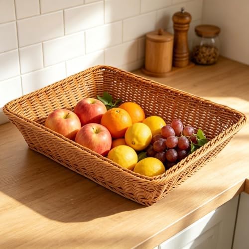 RT&BS 2pcs Large Wicker Bread Basket for Serving, Wicker Fruit Basket, Display Baskets for Vegetable Fruit, Reusable Handwoven Serving Baskets for Kitchen, Store, Restaurant, Outdoor (Brown, L) - Image 5